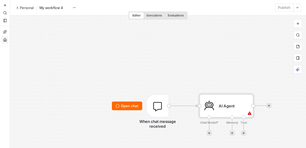AI Agent node connected to the trigger, with the empty Chat Model, Memory, and Tool connectors waiting to be filled