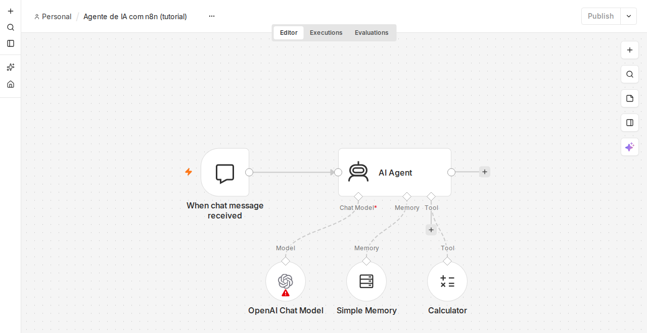 Complete n8n workflow with trigger, AI Agent, model, memory, and tool all connected
